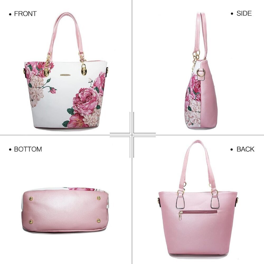 Women's Pink White Faux leather Zipper Simple Top Handle 6pcs Tote Hand Bag - Picture 6 of 6
